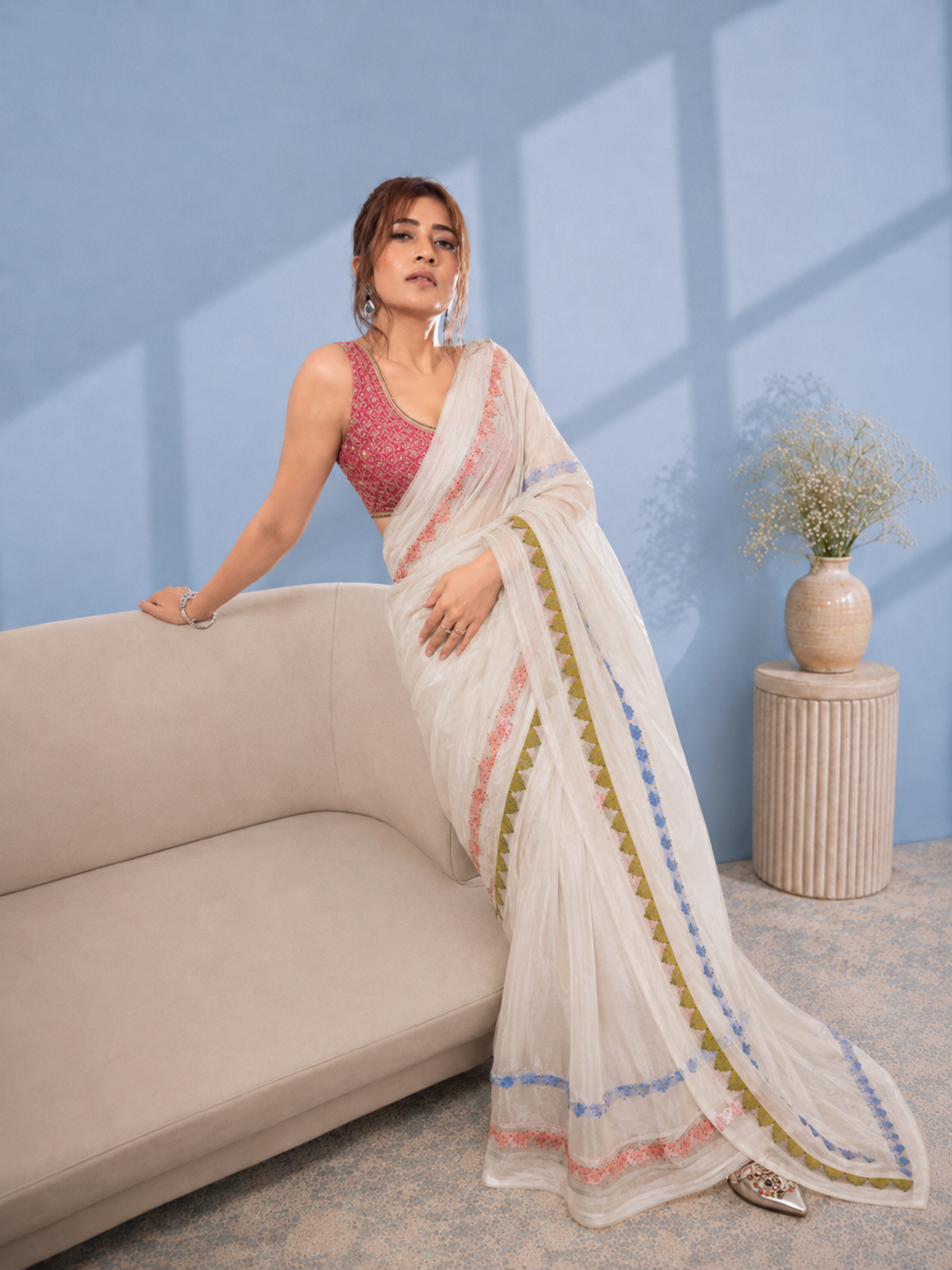 Off White Cotton Saree with Colourful Patchwork Stripes and Beaded Border