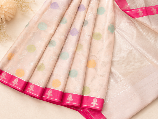 Soft Pink Tissue Kota Saree with Silver Zari and Multicolour Butis