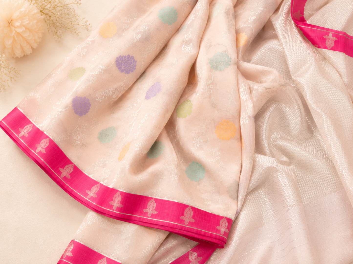 Soft Pink Tissue Kota Saree with Silver Zari and Multicolour Butis