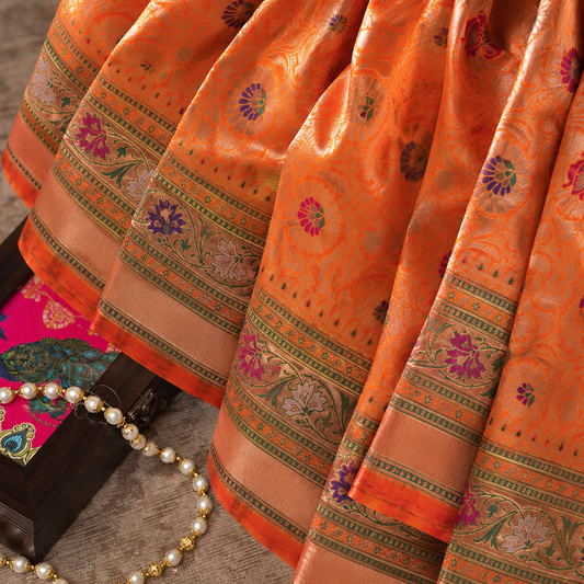 Burnt Orange Floral Banarasi Saree