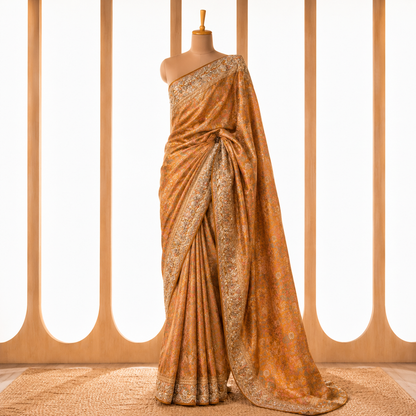 Golden Yellow Tanchoi Silk Saree with Gota Work
