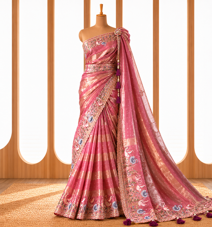 Blush Pink Tissue Silk Saree with blue Embroidered Flamingo Border