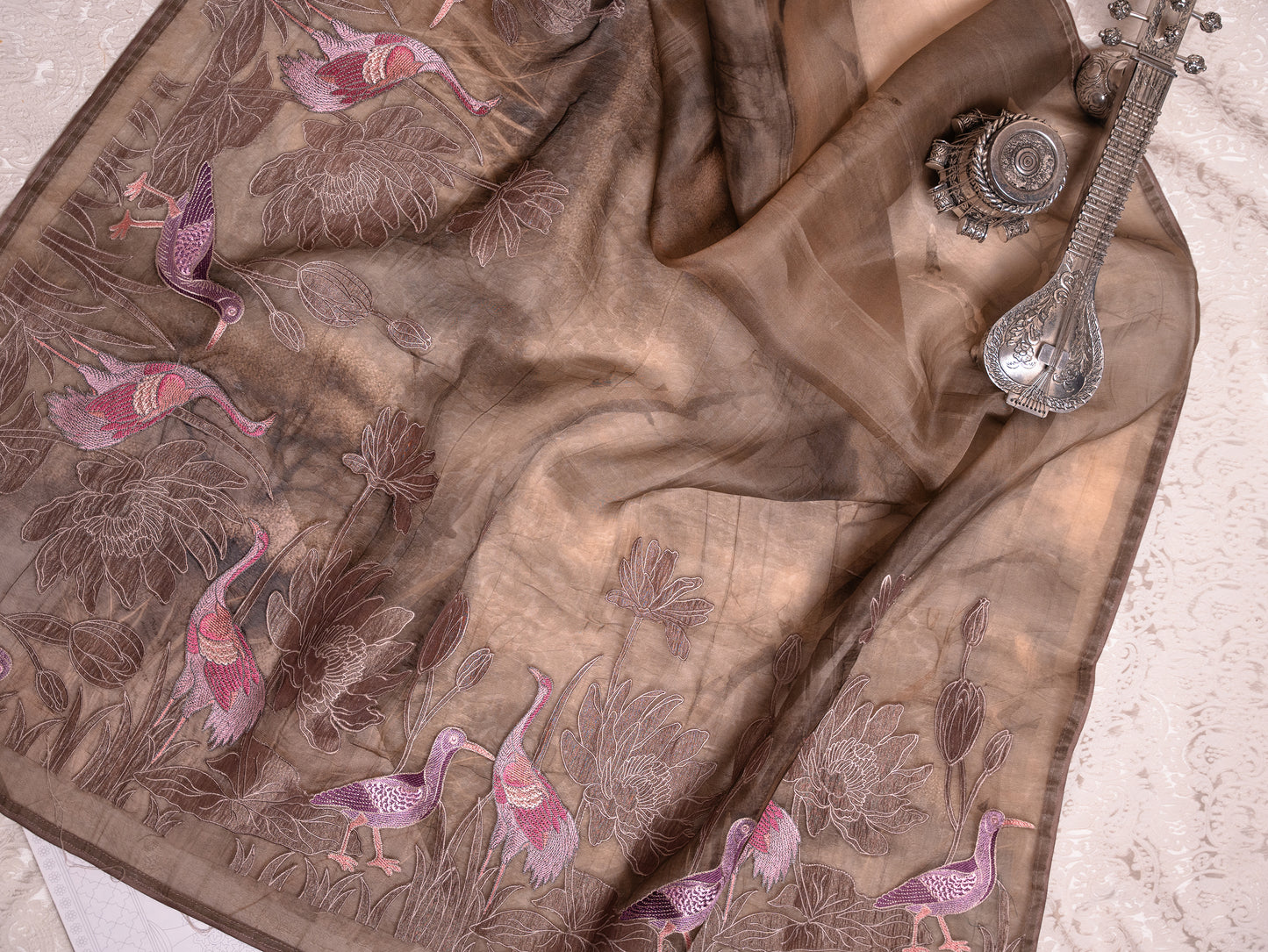 Chocolate Brown Soft Tussar Silk Saree with Hand-Painted & Pink Embroidered Flamingos