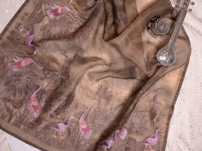 Chocolate Brown Soft Tussar Silk Saree with Hand-Painted & Pink Embroidered Flamingos