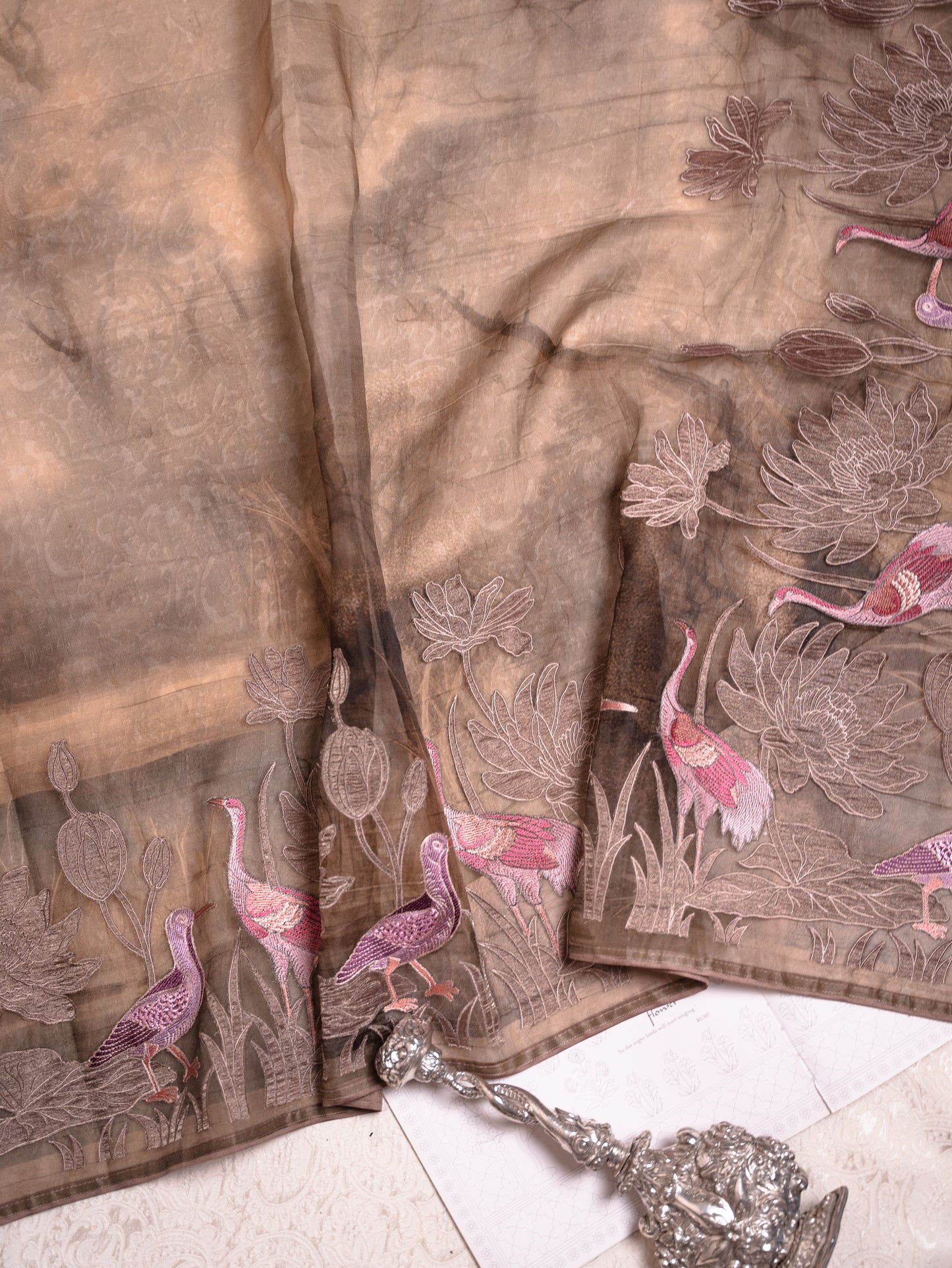Chocolate Brown Soft Tussar Silk Saree with Hand-Painted & Pink Embroidered Flamingos