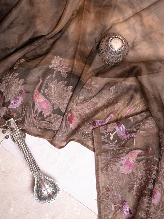 Chocolate Brown Soft Tussar Silk Saree with Hand-Painted & Pink Embroidered Flamingos