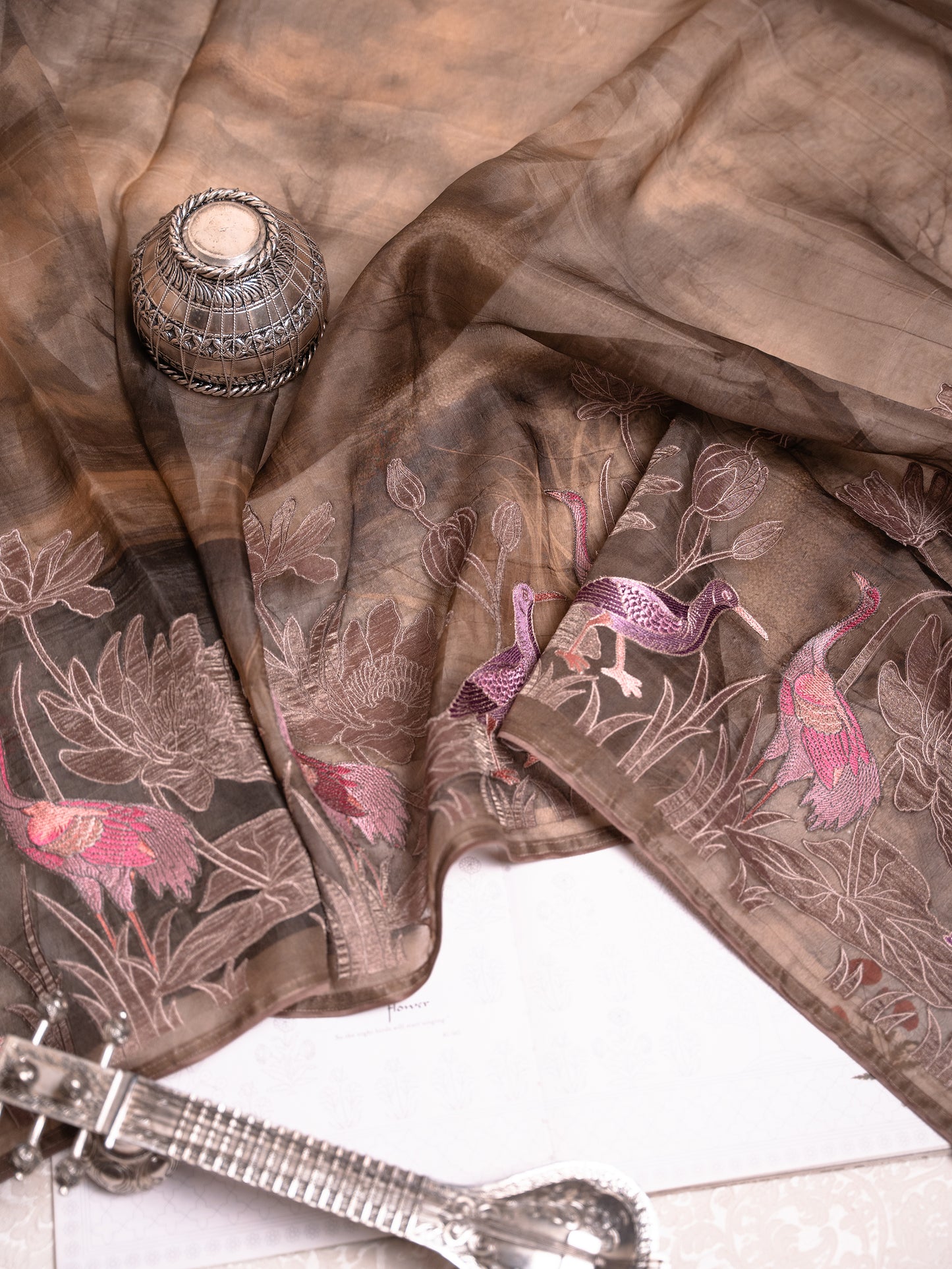 Chocolate Brown Soft Tussar Silk Saree with Hand-Painted & Pink Embroidered Flamingos