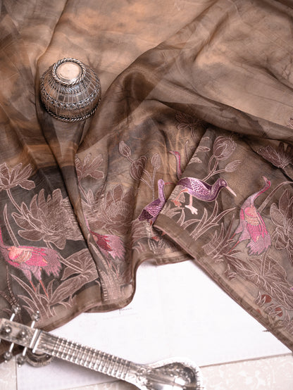 Chocolate Brown Soft Tussar Silk Saree with Hand-Painted & Pink Embroidered Flamingos
