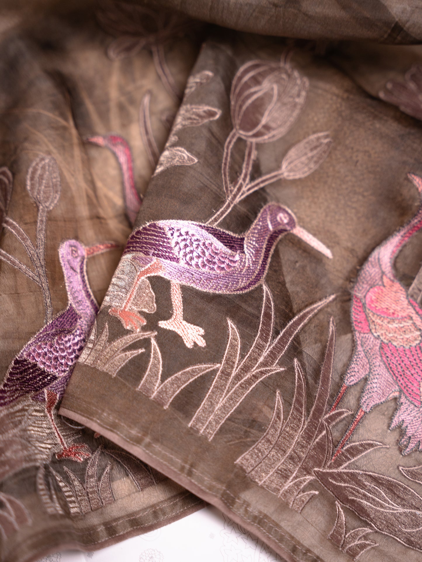 Chocolate Brown Soft Tussar Silk Saree with Hand-Painted & Pink Embroidered Flamingos