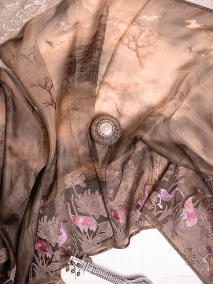 Chocolate Brown Soft Tussar Silk Saree with Hand-Painted & Pink Embroidered Flamingos
