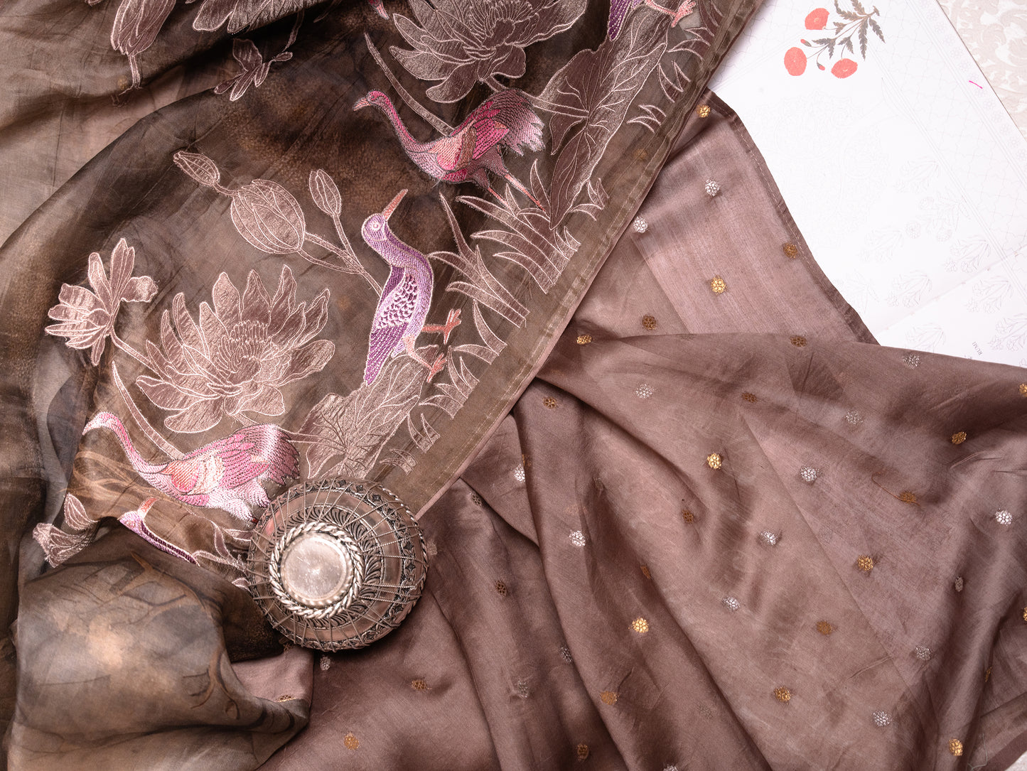 Chocolate Brown Soft Tussar Silk Saree with Hand-Painted & Pink Embroidered Flamingos