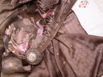Chocolate Brown Soft Tussar Silk Saree with Hand-Painted & Pink Embroidered Flamingos