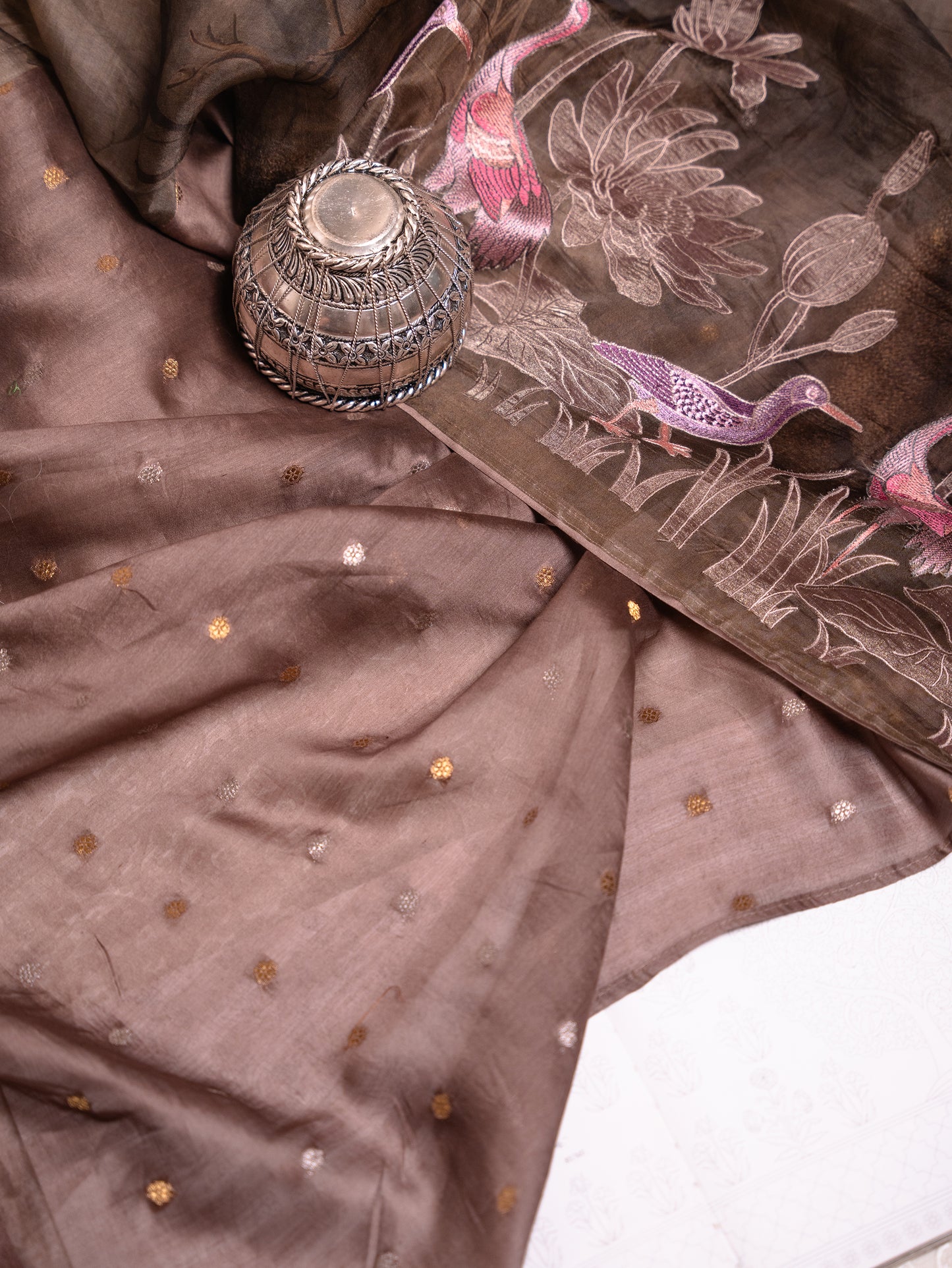 Chocolate Brown Soft Tussar Silk Saree with Hand-Painted & Pink Embroidered Flamingos