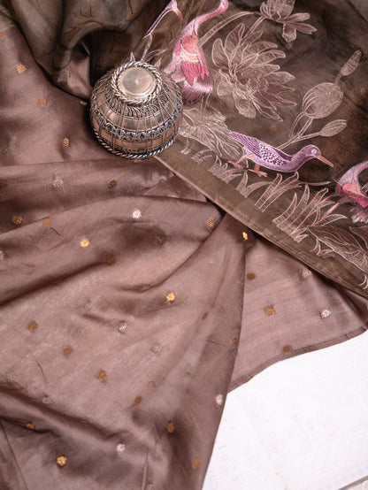 Chocolate Brown Soft Tussar Silk Saree with Hand-Painted & Pink Embroidered Flamingos
