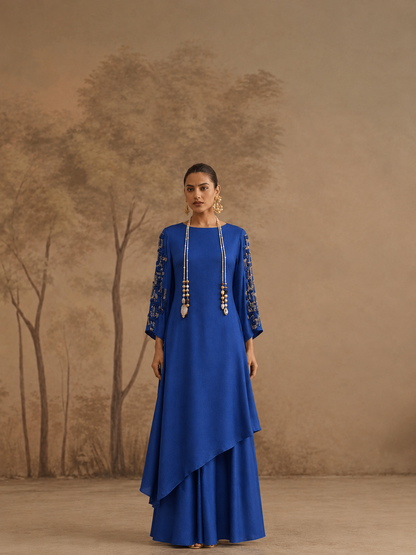Copper Blue Silk crepe kurta set with overlap pants