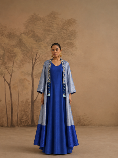 Navy Blue Soft Silk Embroidered Jacket Kurta Set