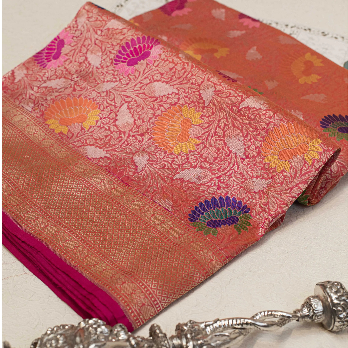 Coral Pink Handwoven Banarasi Tissue Sari