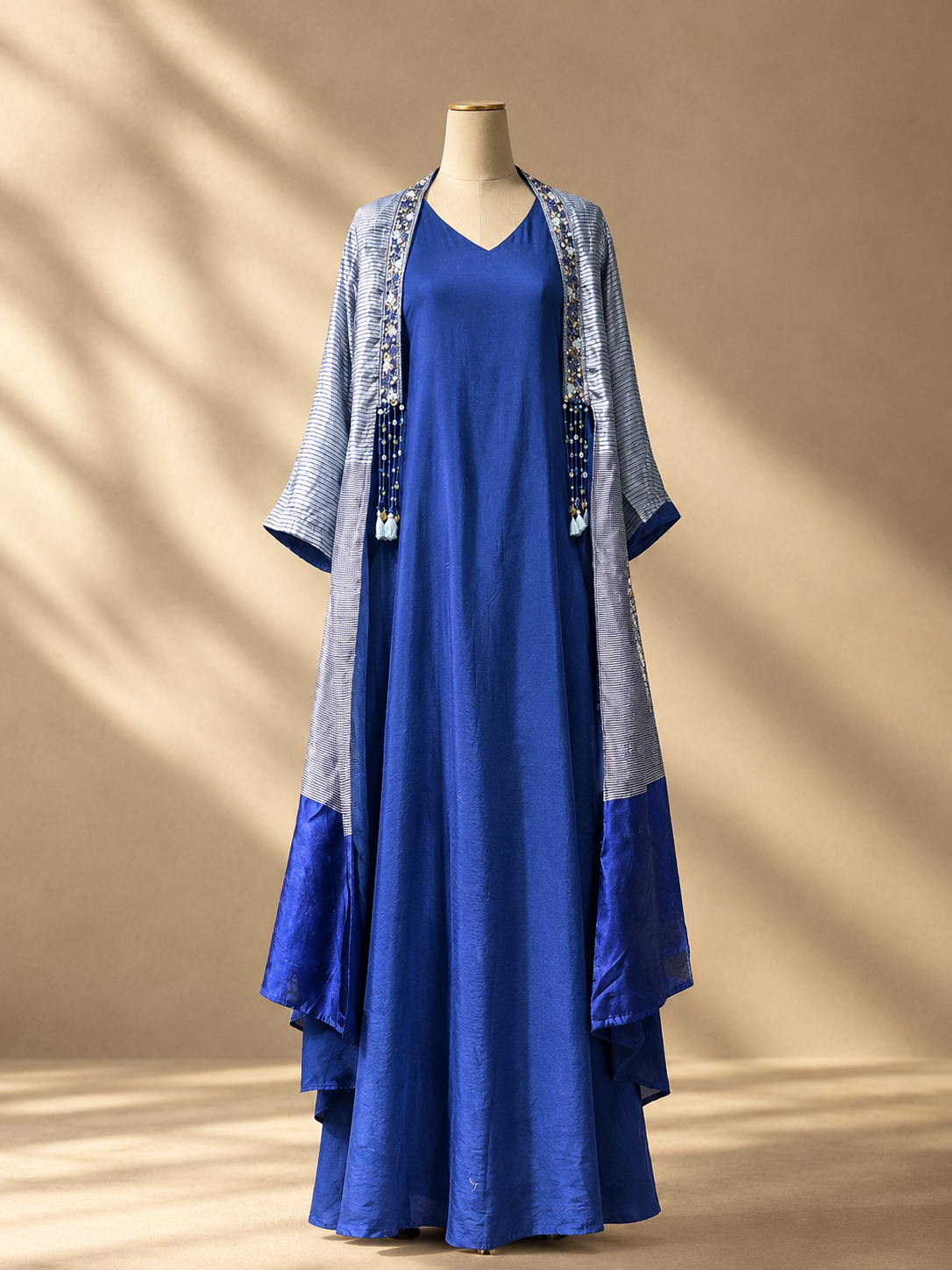 Navy Blue Soft Silk Embroidered Jacket Kurta Set
