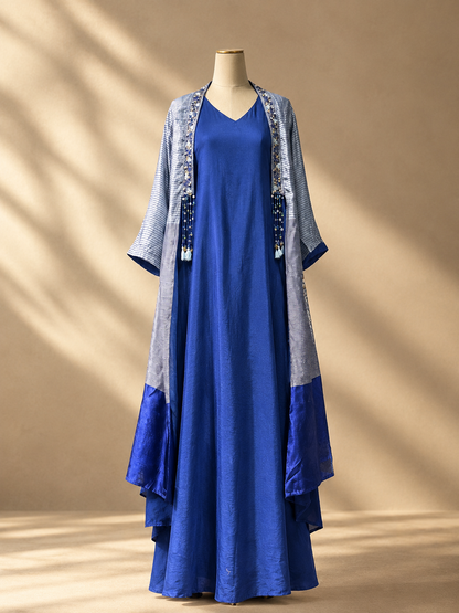 Navy Blue Soft Silk Embroidered Jacket Kurta Set