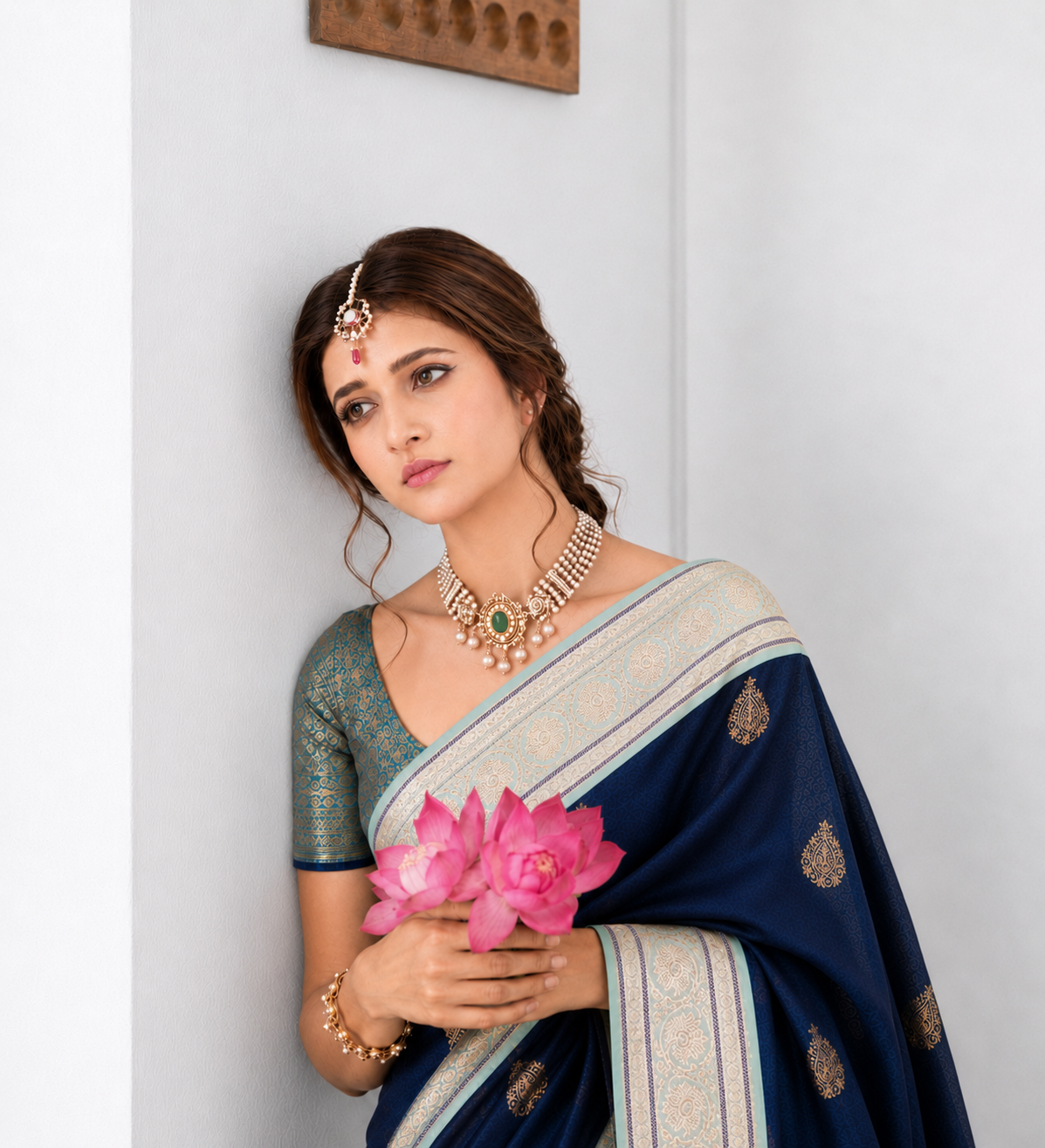 Navy Blue Tissue Silk Saree with Broad Banarasi Border