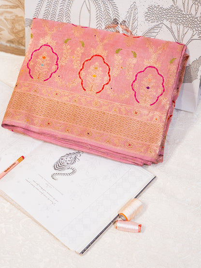 Blush Pink Meenakari Jangla Tissue Saree with Kadwa Weave