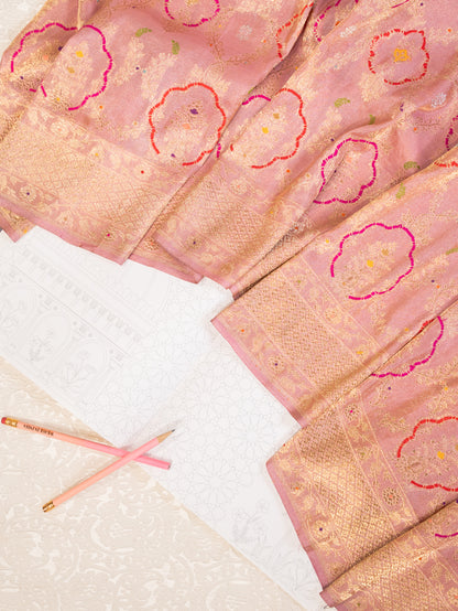 Blush Pink Meenakari Jangla Tissue Saree with Kadwa Weave