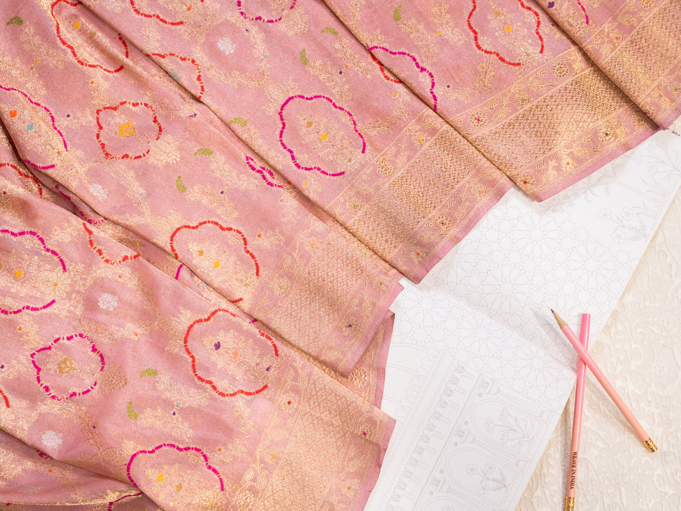 Blush Pink Meenakari Jangla Tissue Saree with Kadwa Weave