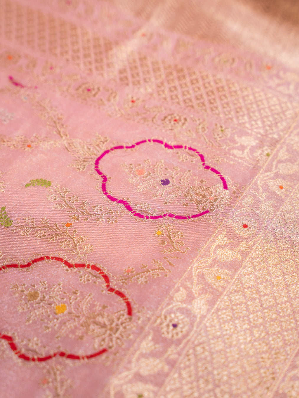 Blush Pink Meenakari Jangla Tissue Saree with Kadwa Weave