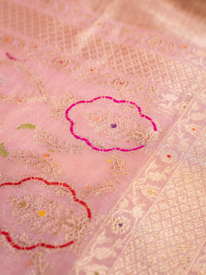 Blush Pink Meenakari Jangla Tissue Saree with Kadwa Weave