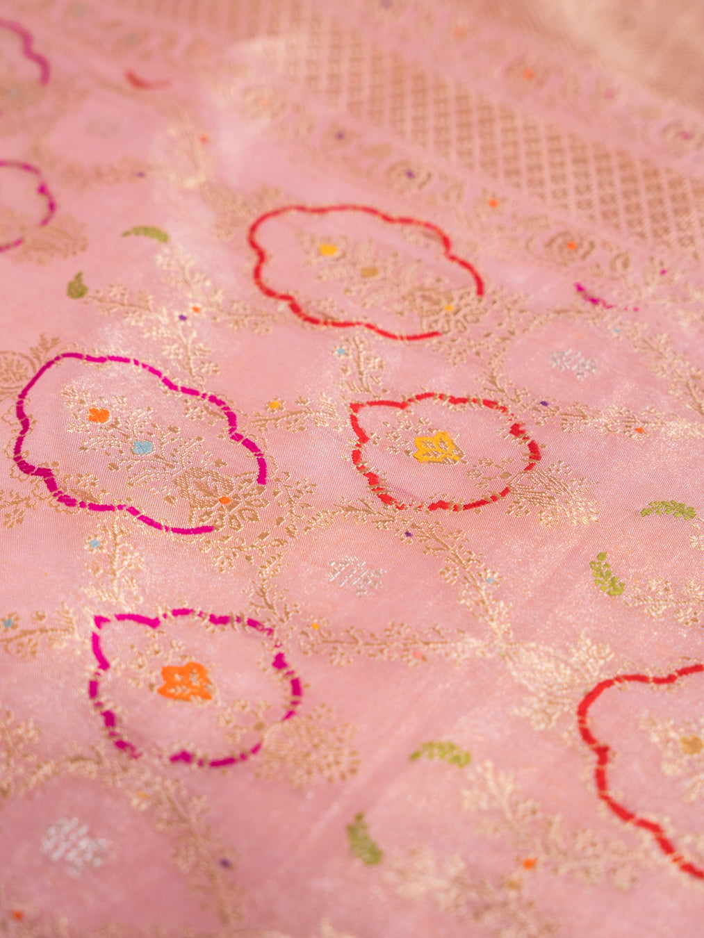 Blush Pink Meenakari Jangla Tissue Saree with Kadwa Weave
