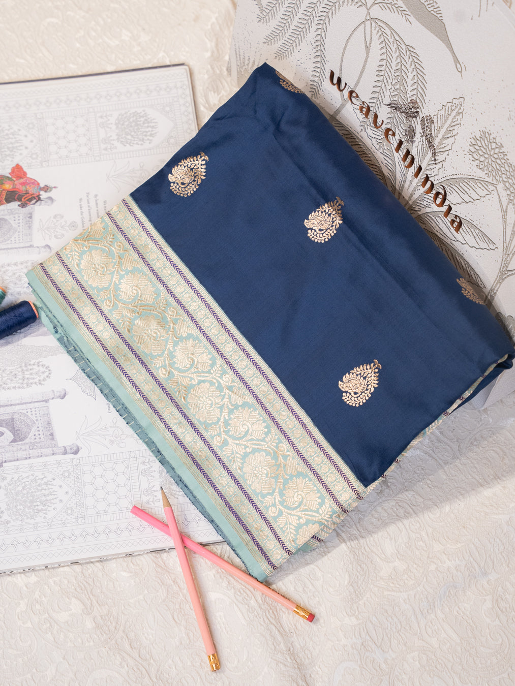 Navy Blue Tissue Silk Saree with Broad Banarasi Border