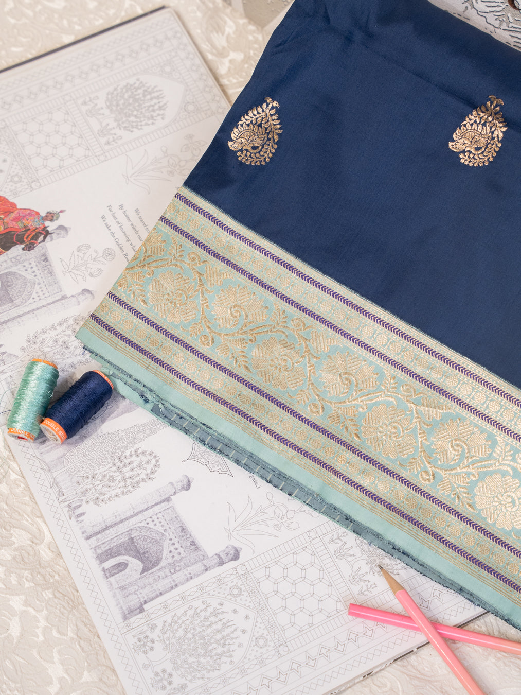 Navy Blue Tissue Silk Saree with Broad Banarasi Border