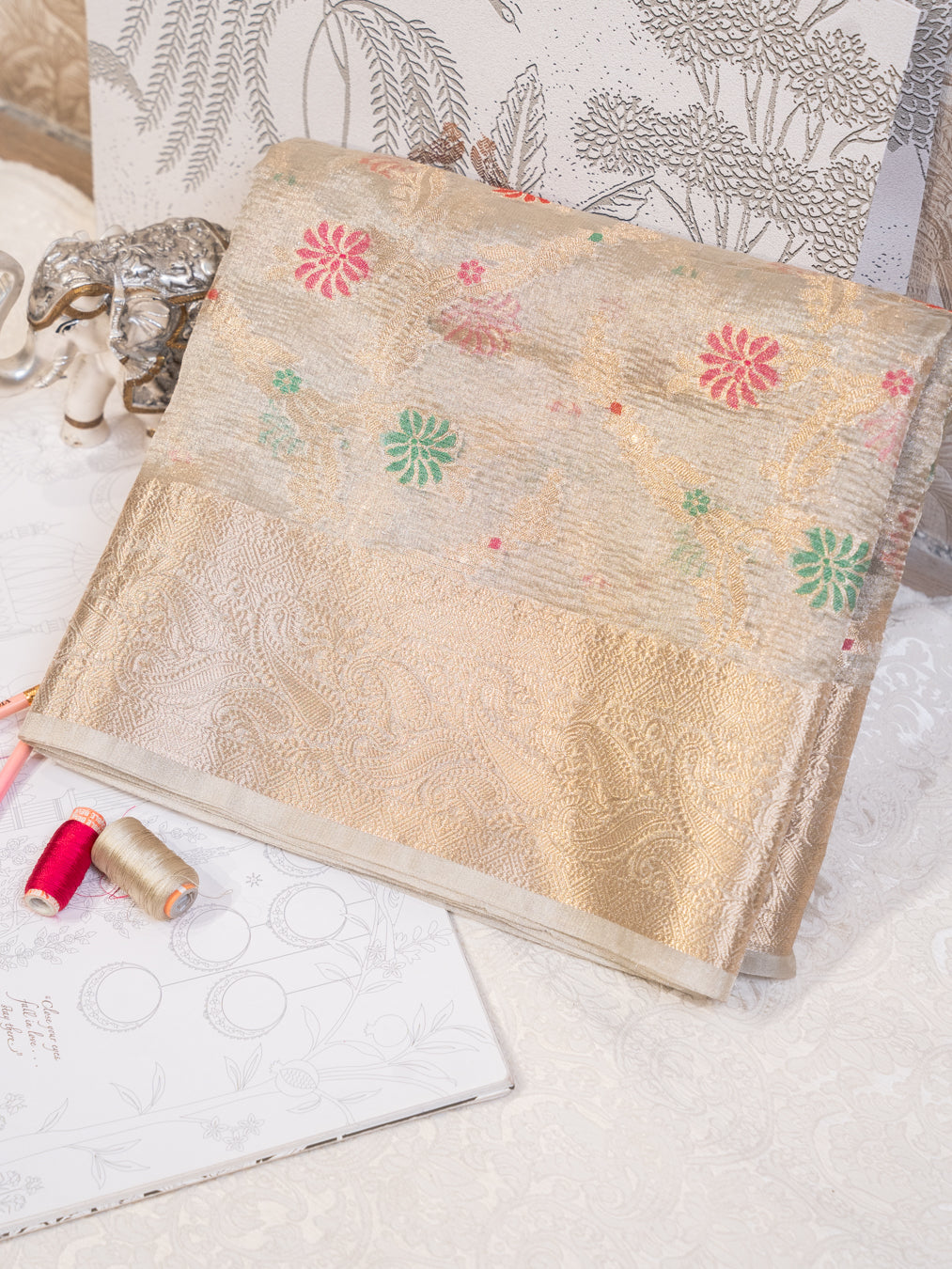 Ecru Tissue Organza Saree with Floral Motifs and Kanjivaram Border