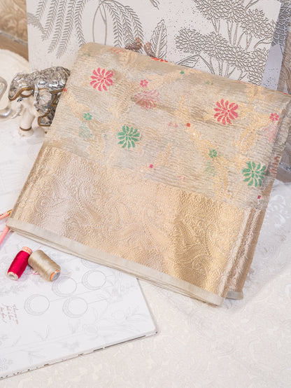 Ecru Tissue Organza Saree with Floral Motifs and Kanjivaram Border