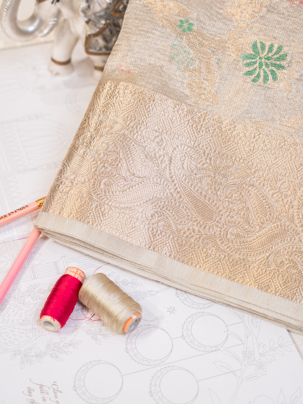 Ecru Tissue Organza Saree with Floral Motifs and Kanjivaram Border