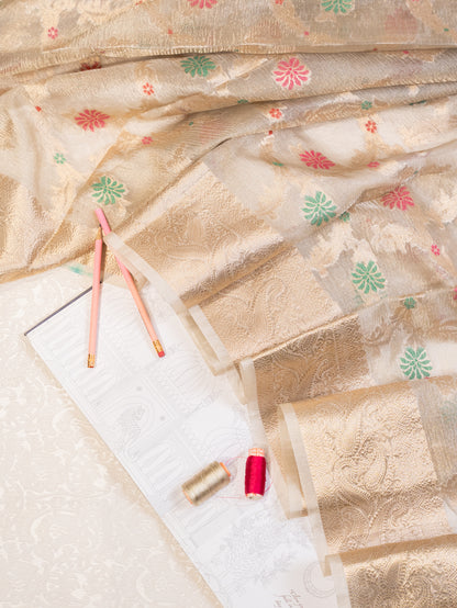 Ecru Tissue Organza Saree with Floral Motifs and Kanjivaram Border