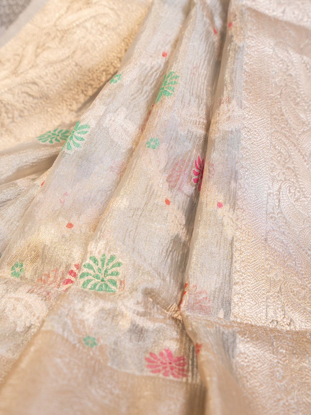Ecru Tissue Organza Saree with Floral Motifs and Kanjivaram Border