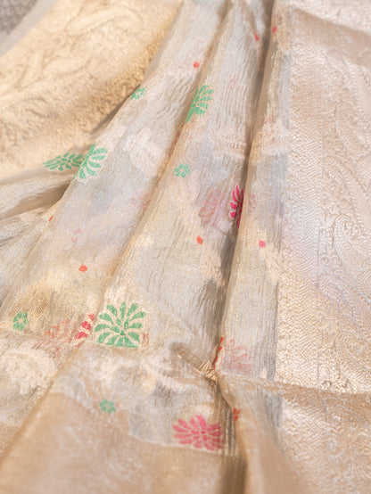 Ecru Tissue Organza Saree with Floral Motifs and Kanjivaram Border