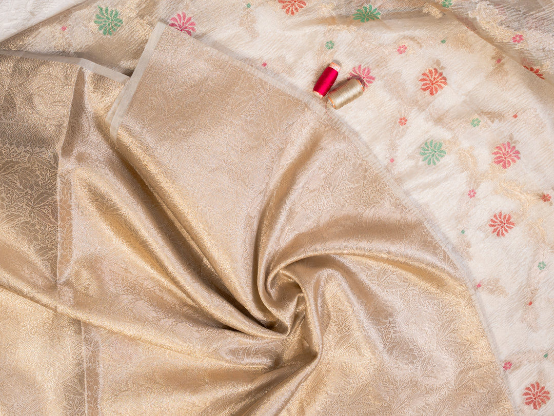 Ecru Tissue Organza Saree with Floral Motifs and Kanjivaram Border
