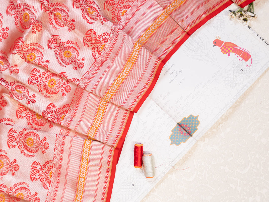 Red and Gold Real Zari Banarasi Silk Tissue Saree with All Over Motifs