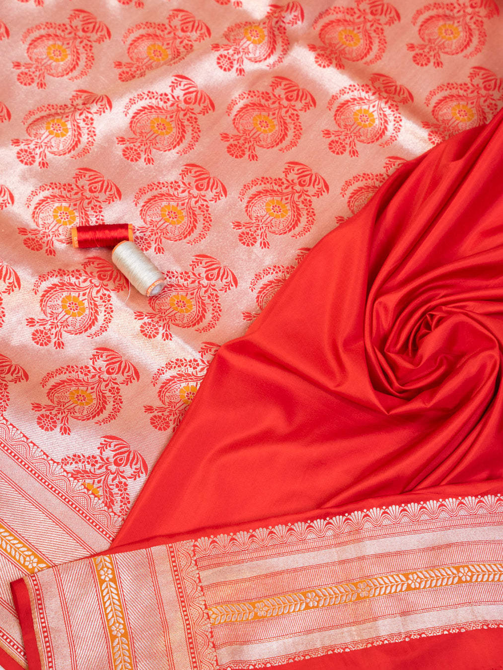 Red and Gold Real Zari Banarasi Silk Tissue Saree with All Over Motifs