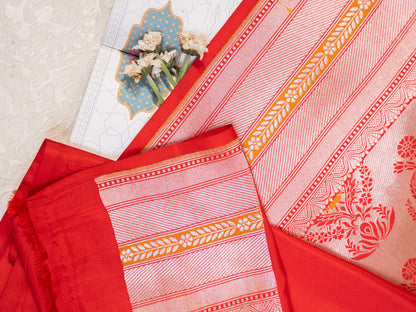 Red and Gold Real Zari Banarasi Silk Tissue Saree with All Over Motifs