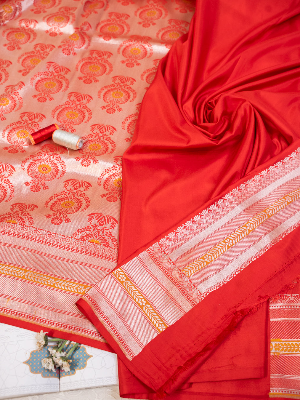 Red and Gold Real Zari Banarasi Silk Tissue Saree with All Over Motifs