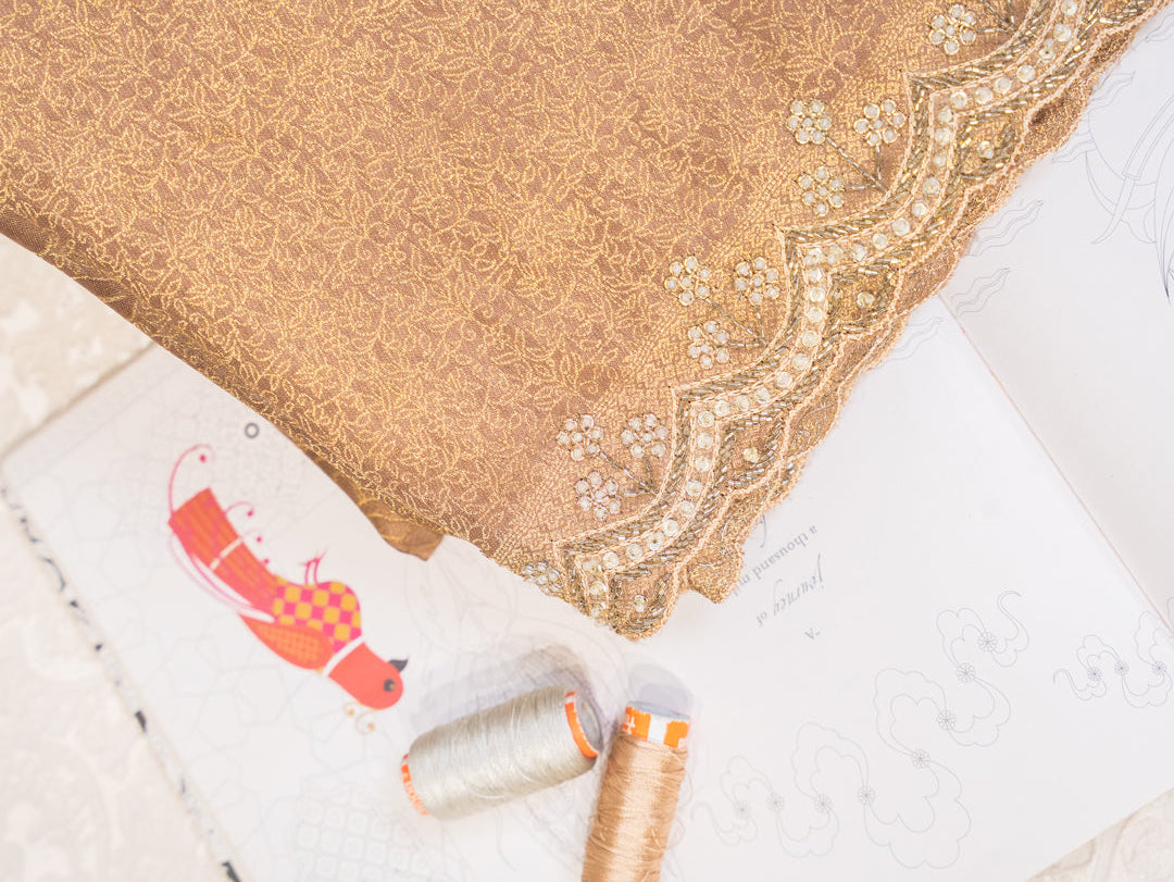 Bronze Tissue Silk Saree with All Over Motifs and Embroidered Border