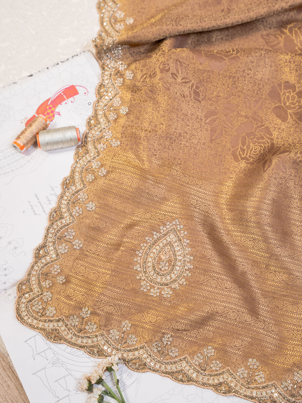 Bronze Tissue Silk Saree with All Over Motifs and Embroidered Border