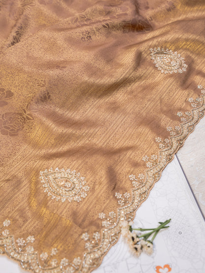 Bronze Tissue Silk Saree with All Over Motifs and Embroidered Border