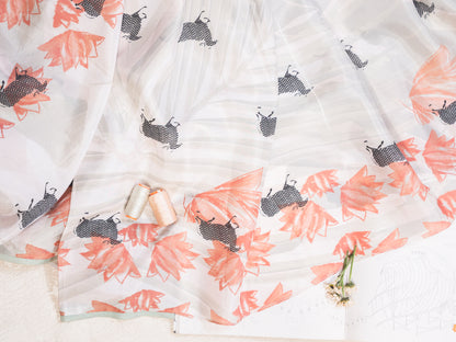Pearl White Silk Chiffon Saree with Cow and Lotus Motifs
