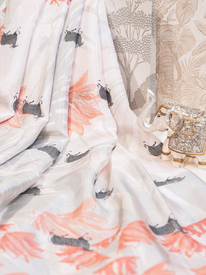 Pearl White Silk Chiffon Saree with Cow and Lotus Motifs