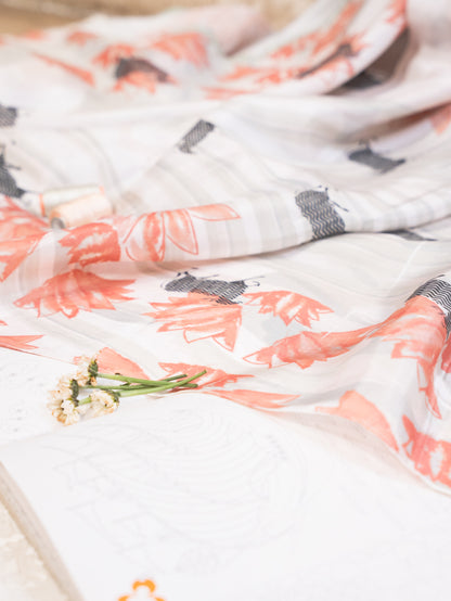 Pearl White Silk Chiffon Saree with Cow and Lotus Motifs
