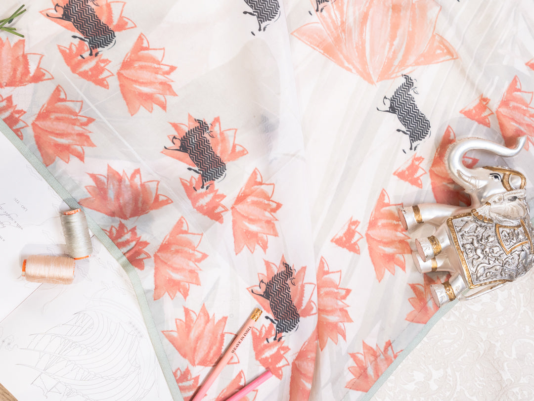 Pearl White Silk Chiffon Saree with Cow and Lotus Motifs